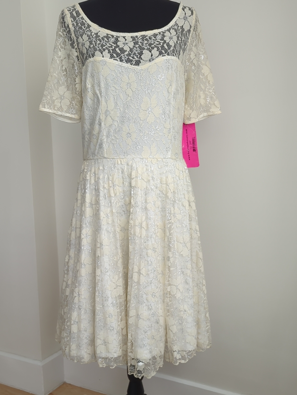 Betsey Johnson Ivory Silver Metallic Lace Fit & Flare Skater Party Dress SIZE 14